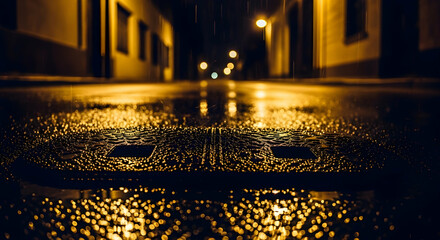 Cityscape Reflections On A Rainy Night In Urban Darkness And Light