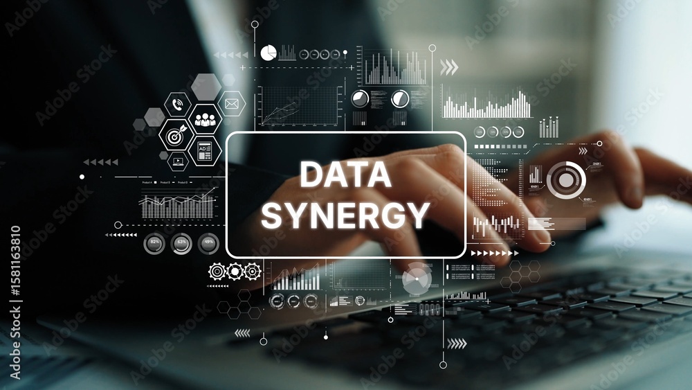 Poster professional business concept of data synergy with modern technology and analysis in an office envir