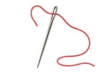 Sharp sewing needle threading vibrant red thread, poised for precise textile crafting against transparent backdrop