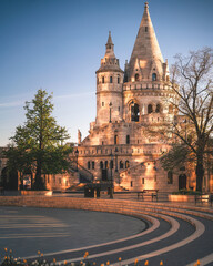 Sunrise at Fisherman’s Bastion in Budapest, Hungary – Spring Travel Destination with Tulips in...