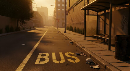 Cityscape Scene Of An Urban Road With A Bus Stop On A Quiet Morning