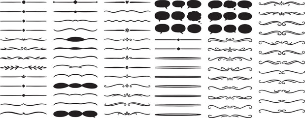 Assorted Decorative Dividers and Speech Bubbles Black Silhouette Collection of Hand Drawn Dividers and Chat Bubbles for Design Elements and Creative Projects