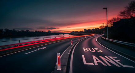 Cityscape Sunset Roadway Scenic View Of Transport Infrastructure By River
