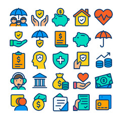 Colorful icons representing various insurance and financial security concepts.