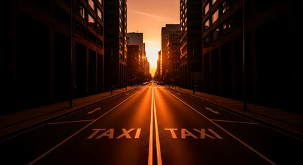 Cityscape Sunset View In The City Street With Taxi Sign On Asphalt