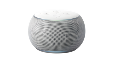 A modern white smart speaker is displayed on a transparent background, ideal for showcasing tech, audio devices, or smart home integration with its clean, minimalistic presentation.