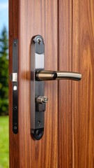 Obraz premium Wooden door with modern handle and lock