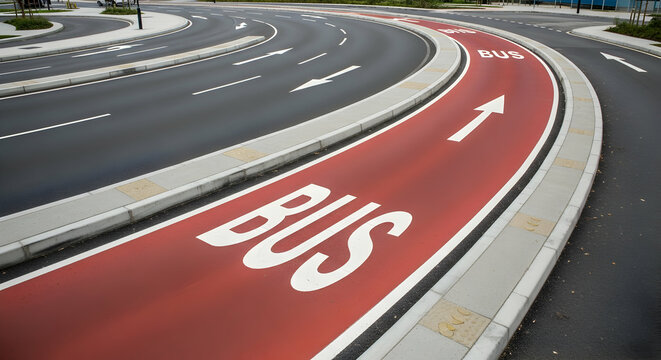 Dedicated bus lane with directional markings on a curved road, urban transport concept