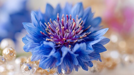 In the photograph, a blue flower is captured with sharp focus, contrasting with the blurred clear sky in the background