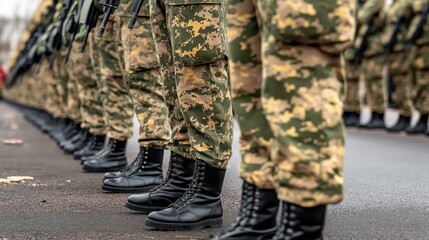 Close-up view of soldiers’ legs in black boots during army parade, symbolizing discipline and national pride in a united military formation.
