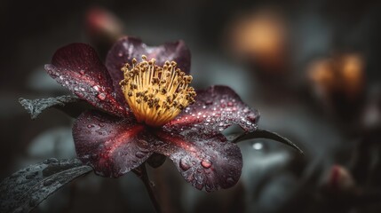A close-up shot of a red flower on a branch reveals water droplets on its petals, set against a blurred background