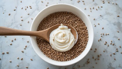 Wooden Spoon Resting on Bowl of Flax Seeds and Creamy Mixture