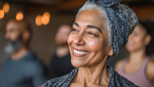 Mature women gather to participate in a dance fitness class, engaging in happy and active aerobics workouts that promote physical exercise, sports activities, health, vitality, and energy