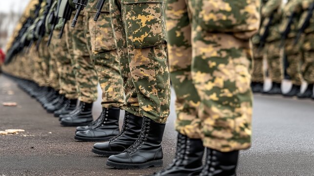 Close-up view of soldiers’ legs in black boots during army parade, symbolizing discipline and national pride in a united military formation. - Powered by Adobe