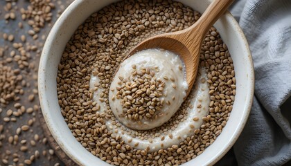 Wooden Spoon Resting on Bowl of Flax Seeds and Creamy Mixture