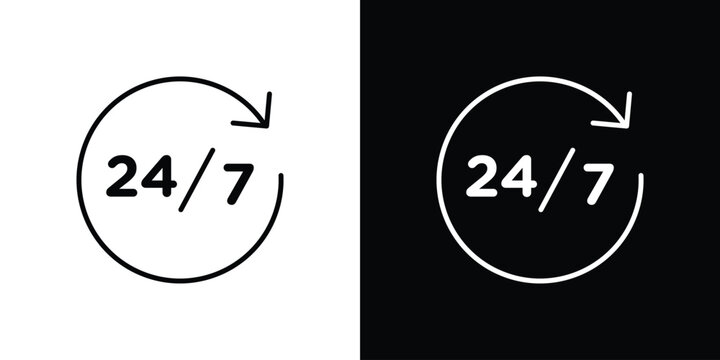 24 7 icon thin line symbol on white background. Editable stroke vector illustration