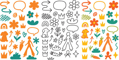 Whimsical Hand Drawn Sticker Sheet with Flowers, Arrows, and Speech Bubbles in Fun Bright Colors, Featuring Abstract Shapes and Playful Illustrations for Scrapbooking and Decoration