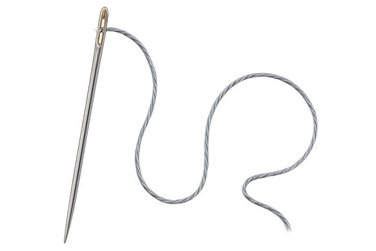Sharp sewing needle threading white string, resting against clean transparent surface, highlighting precision of textile crafting technique