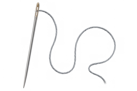 Sharp sewing needle threading white string, resting against clean transparent surface, highlighting precision of textile crafting technique