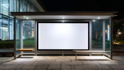 A modern building in an urban city provides the setting for a large advertising billboard mockup, complete with a blank white screen digital display that is utilized for OOH media marketing, leaving