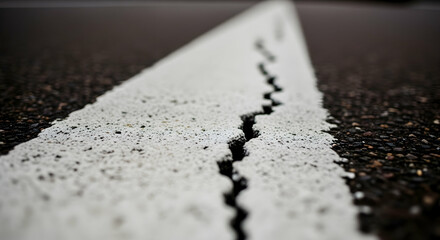 Cracked Road Surface Detail With White Line Marking In Close Up Shot
