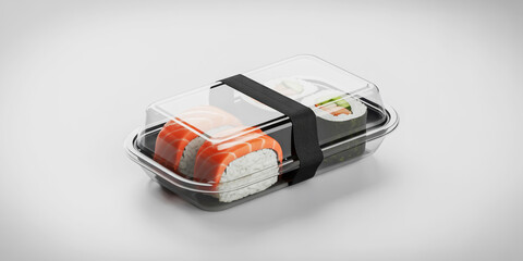 Fresh salmon and vegetable sushi rolls in a clear takeout container