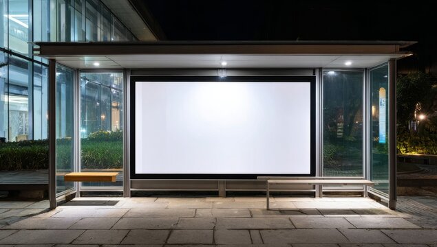 A modern building in an urban city provides the setting for a large advertising billboard mockup, complete with a blank white screen digital display that is utilized for OOH media marketing, leaving