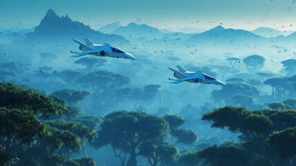 Fototapeta premium Futuristic jets over lush jungle canopy at dawn. AI image