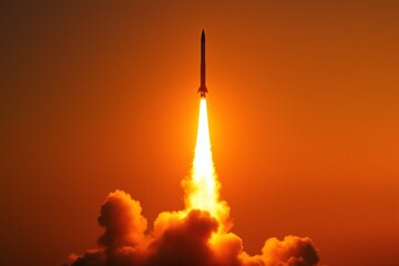Rocket soars into the orange sky during a fiery launch sequence event