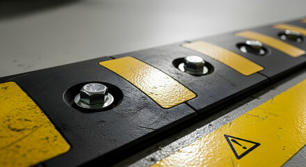Close Up Image Of A Black And Yellow Speed Bump With Warning Sign