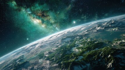 Earth is seen from a distance, highlighting lush green landscapes and mountain ranges beneath a bright blue atmosphere. Stars glimmer in the expansive cosmic backdrop.