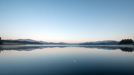 Fototapeta premium A calm lake enveloped by majestic mountains, shining with a resplendent luminous orb above a tiny island