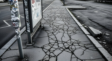 Cracked Sidewalk In Urban Environment With Billboard And Roadway In Monochrome
