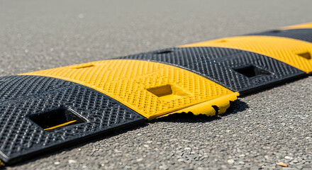 Close up of a black and yellow speed bump on an asphalt road, emphasizing road safety features and textured surface for traffic calming