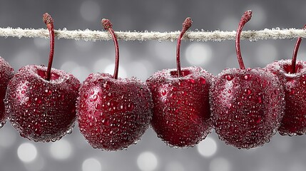 Droplets of water adorn cherries that dangle from a string