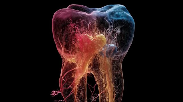 A dynamic 3D visualization depicting the internal anatomy of a molar teeth affected by caries revealing the decays effect on nerve endings and blood vessels accompanied by a colourcoded