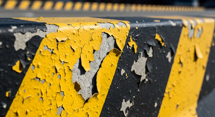 Cracked Surface With Weathered Yellow And Black Striped Paint Texture Detail