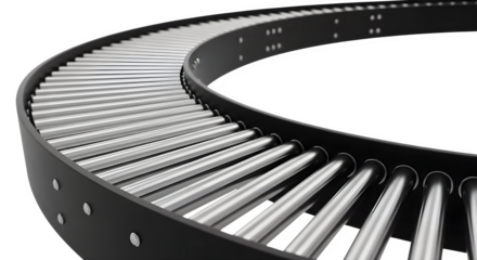 Sleek metallic conveyor belt curving through a transparent background creates a modern industrial design element suitable for automated systems and production line concepts.