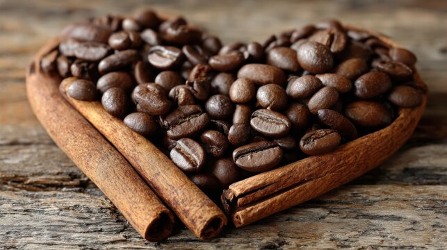 Dark roasted coffee beans are creatively arranged in a heart shape alongside several cinnamon sticks on a textured wooden surface, evoking warmth and comfort. - Powered by Adobe