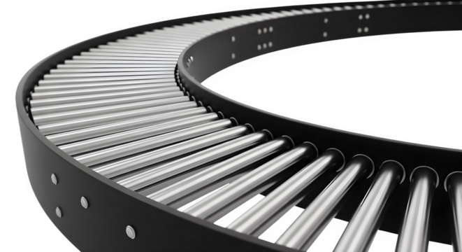 Sleek metallic conveyor belt curving through a transparent background creates a modern industrial design element suitable for automated systems and production line concepts.