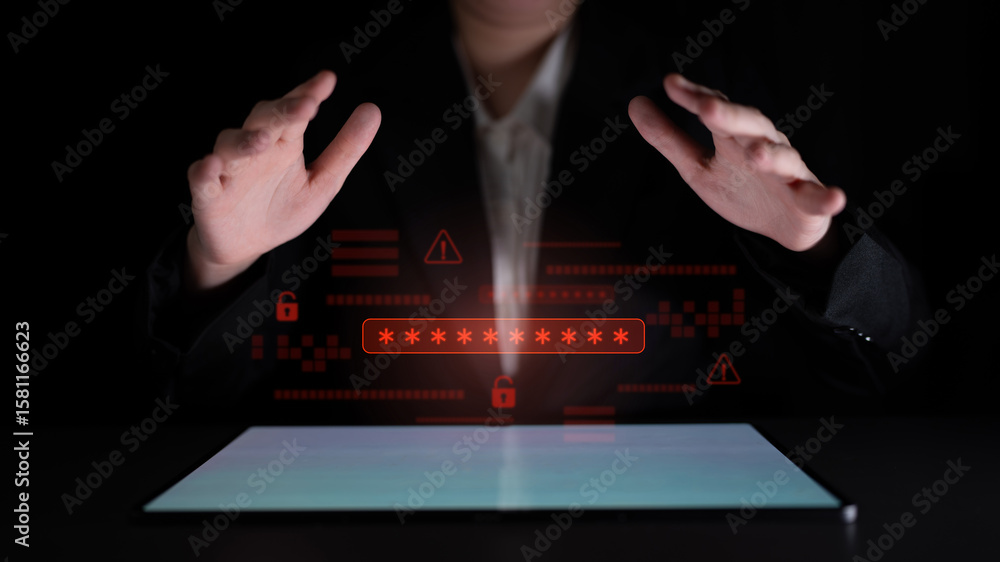 Poster password security breach warning with red asterisk box, cybersecurity alert, lock icons, and critica