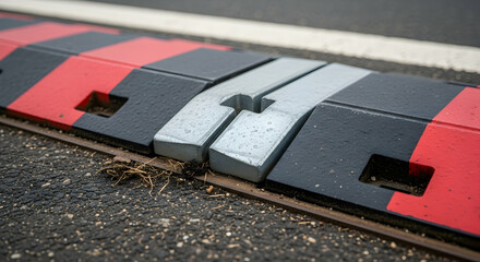 Close Up Of A Railway With Red Black And Silver Elements On Asphalt Road