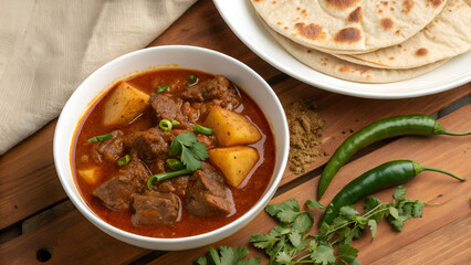 Traditional Pakistani Aaloo Gosht Curry in Bowl – Meat and Potato Stew with Roti