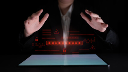 Password security breach warning with red asterisk box, cybersecurity alert, lock icons, and...