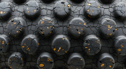 Cracked Texture With Golden Flakes On Round Black Shapes Abstract Background