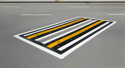 Close up of a speed bump on a road with white lines for safety and traffic control