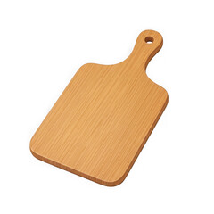 A light wood cutting board with a handle and rounded corners on a black background
