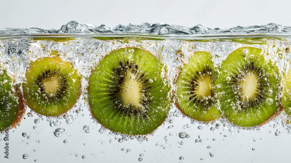 Poster the image is a close-up of several kiwis, splashed with water at both the top and the bottom