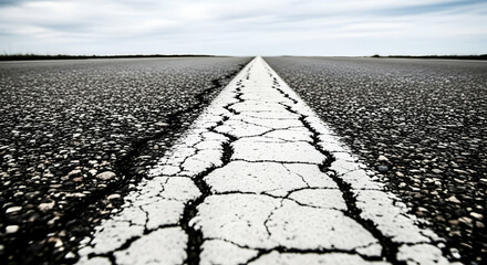 Cracked White Line on Asphalt Road Leading to Horizon in Monochrome
