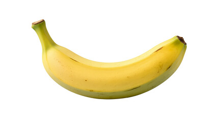 An isolated ripe yellow banana neatly positioned against a clean white background. The fruit has the curved shape typical of bananas and small brown spots on the skin, indicating its optimal ripeness.